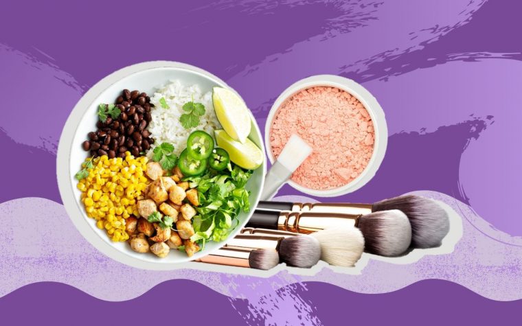 A burrito bowl, waterless powder cosmetics and makeup brushes on a purple background