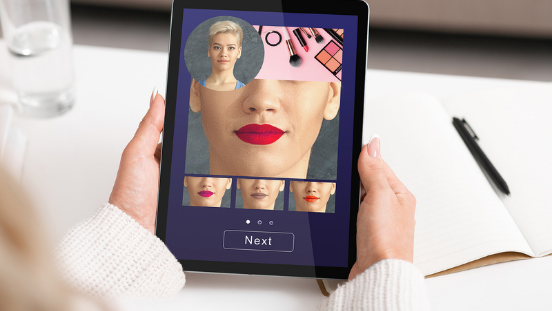 Augmented reality beauty app woman trying lipstick colour online